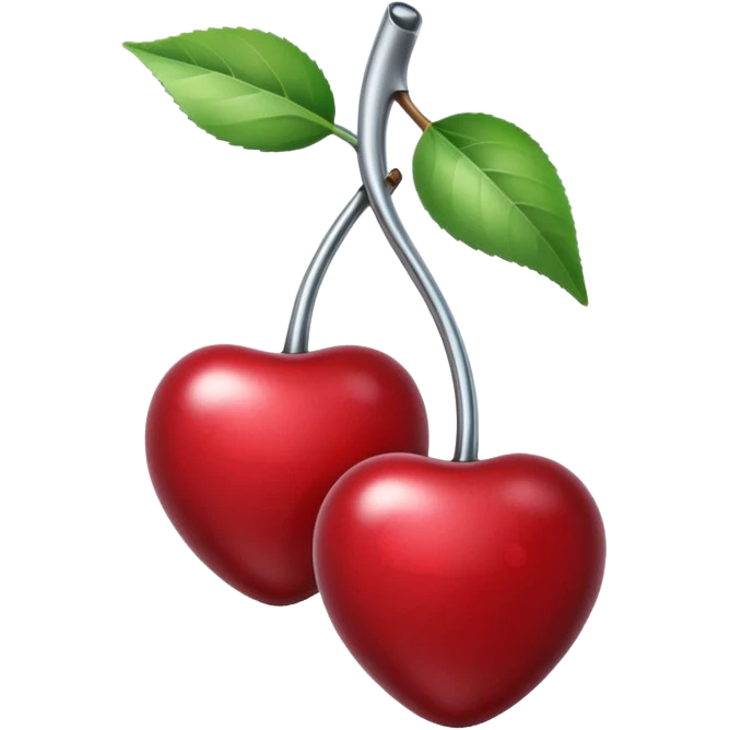 A pair of cherries emoji made of polished silver chrome, smooth rounded shapes, glossy metallic finish, soft highlights and reflections, cute proportions, iOS emoji style, centered, clean white background, no text emoji