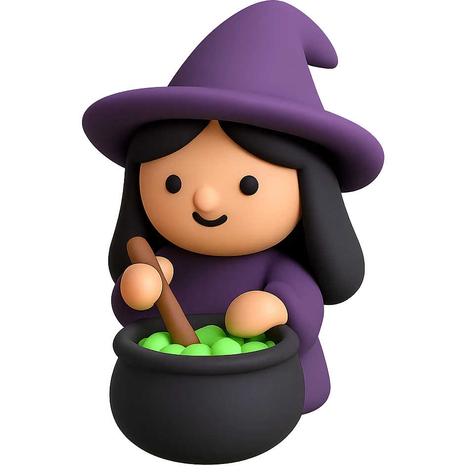 A cute witch with pointed hat stirring a cauldron with glowing green potion emoji