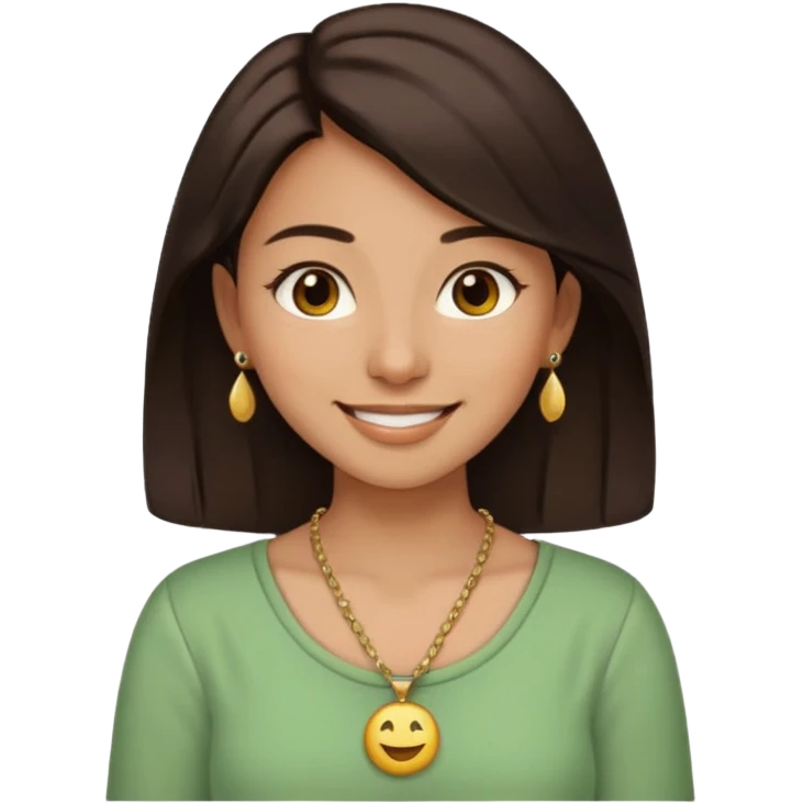 smiling young woman emoji with dark brown hair, brown eyes, nose piercing, wearing green and cream blouse and gold necklace, radiating happiness and calm emoji