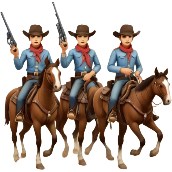 Icon for Western: A vintage movie poster-style design with cowboys on horseback, dusty desert landscape, and a setting sun. Include cowboy hats, revolvers, and an old saloon. The design should have bold typography and a retro cinematic feel. Transparent background. emoji
