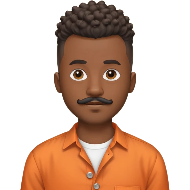 i need a black man with a mohawk in the center and a blad from sides and a beard and a moustache be should be wearing an orange button up shirt with no collar and a round neck and he should be balck and the hairs should be curly emoji