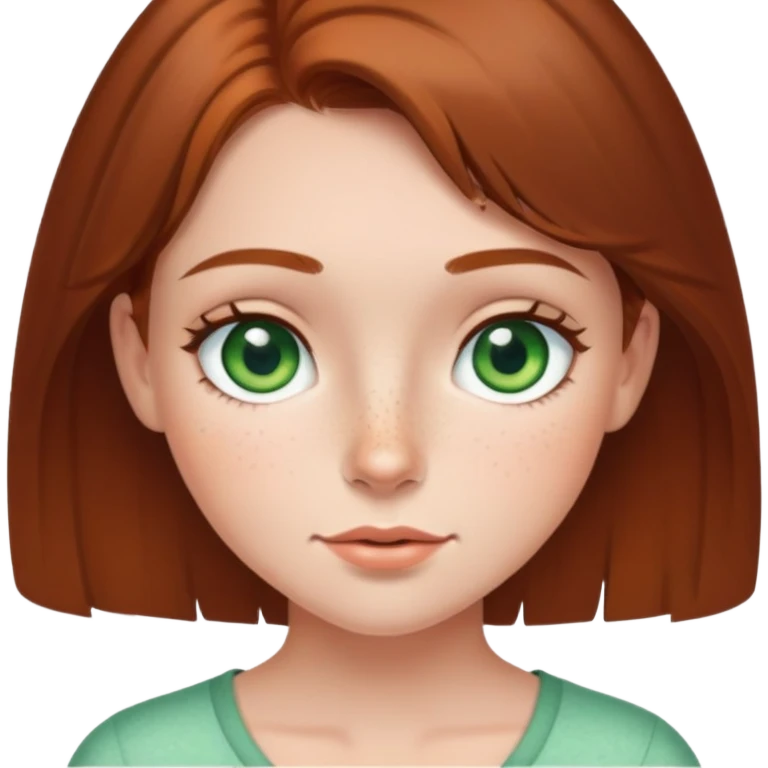 short girl, with brown hair , bgreen eyes and freckles  emoji