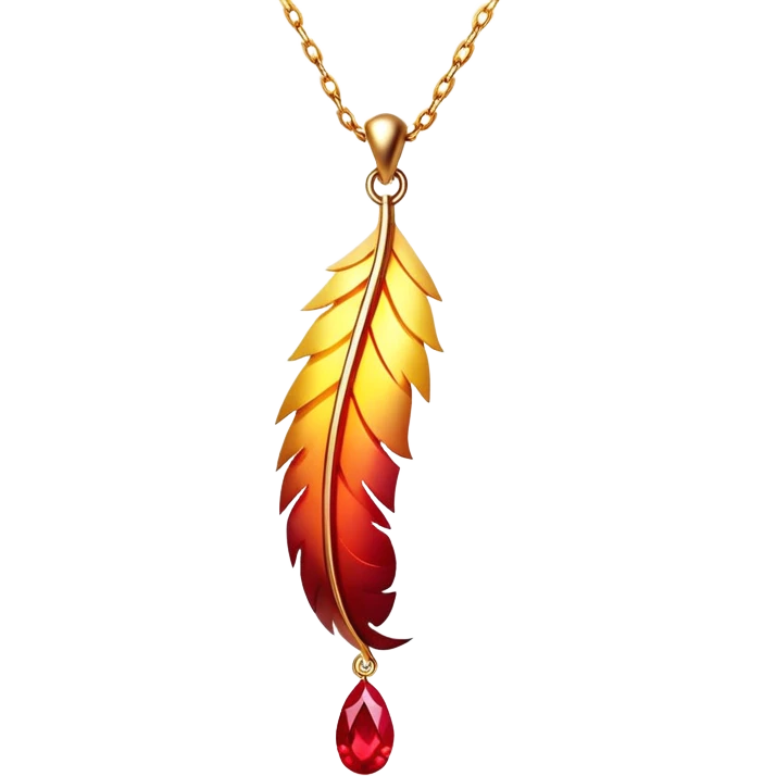glowing ruby pendant shaped like a phoenix feather, red-yellow gradient, chain suspended midair with rebirth aura emoji