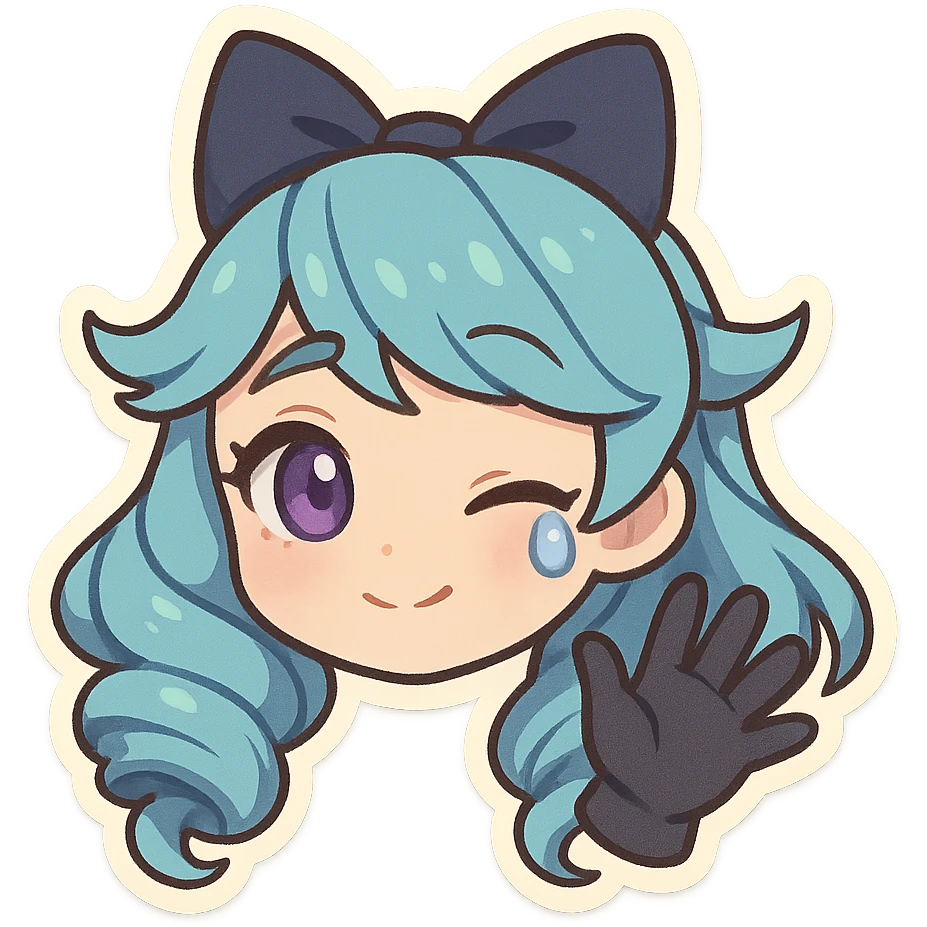 chibi style head of Gwen from League of Legends, right eye purple, one hand waving with glove, expressing a goodbye emote, gentle smile with a tear, no letters emoji