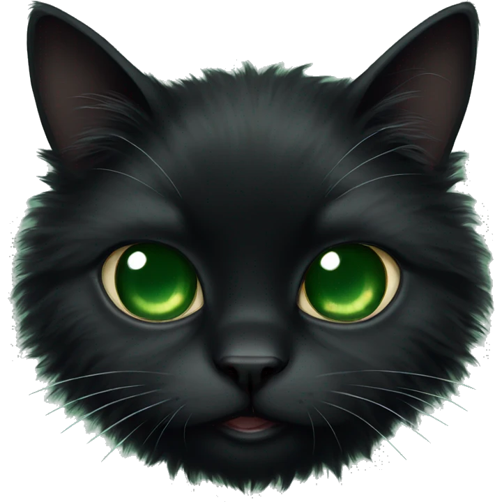 A black fluffy cat with dark green eyes lies emoji