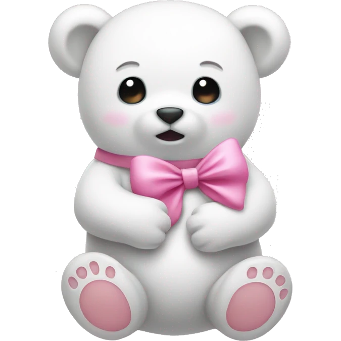 Baby bear with a bow holding a  white ghost emoji that has a pink bow emoji