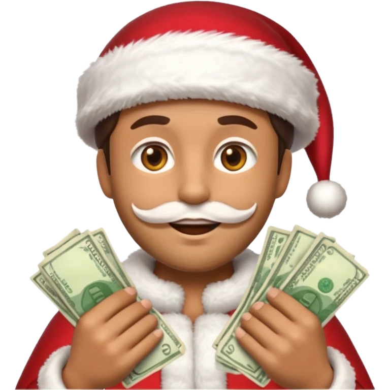 A confident rich emoji face wearing a Santa hat, money stacks, casino vibe, New Year theme, premium 3D emoji style, sharp details, no text, isolated on transparent background emoji
