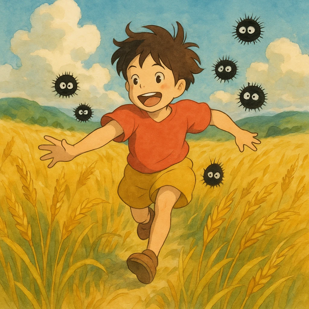 A child running through a golden wheat field, chased by playful dust spirits. emoji