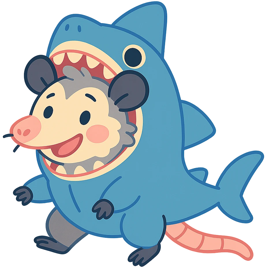 cute cartoon possum dressed up like a shark emoji