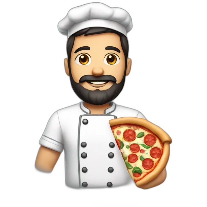 Pizza chef with dark hair and beard, holding a Pizza emoji