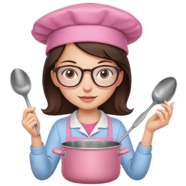 brunette girl with glasses and a pink kitchen hat cooking, stirring a pot, emoji style emoji