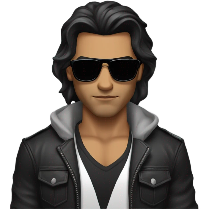 Man with long shoulder length black hair, masculine strong serious face, fine lips, black sunglasses, lather jacket, underneath black t-shirt, muscles emoji