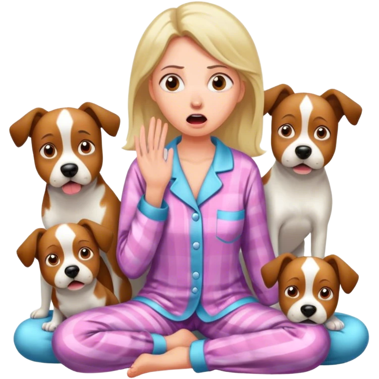 A lady with a shocked face in her pajamas with 3 dogs emoji