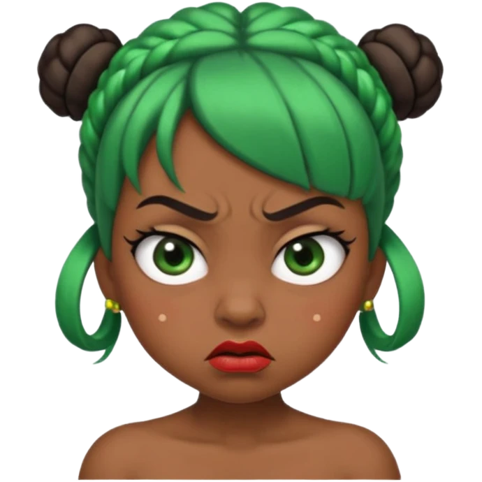 Create a 3D cartoon-style girl character with dark skin, round face, angry expression, big wide eyes, and tightly styled double buns made of green beaded hair. The girl should look irritated, eyebrows sharply angled, and lips pressed in a frown. emoji