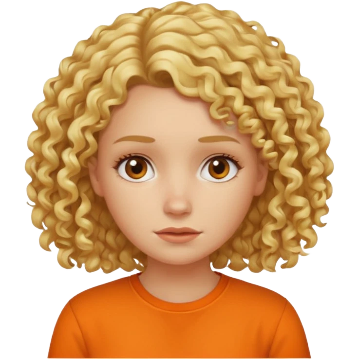 curly blond hair woman in orange shirt no smile emoji