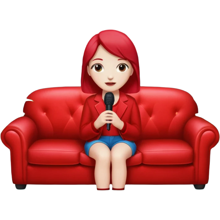 red velvet couch, mic in front, houseplants in back, and a neon sign saying "karaoke" emoji