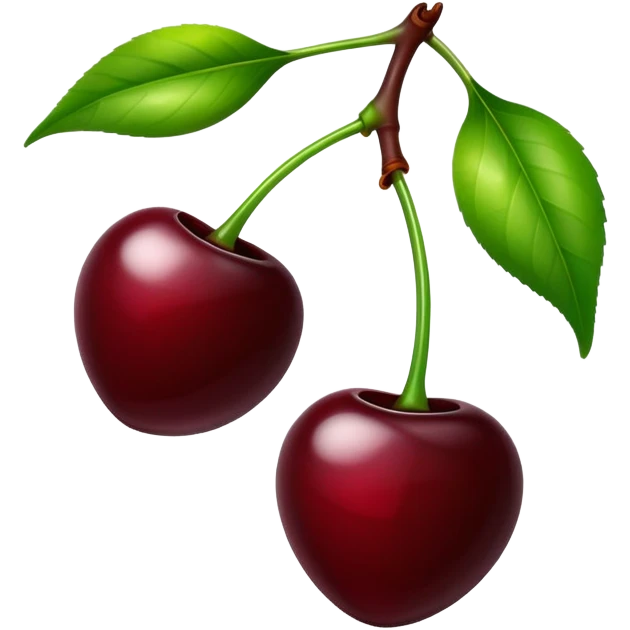 Pair of dark burgundy cherries with green stem, deep rich red color emoji
