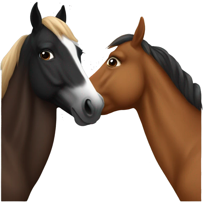 2 horses are kissing each other. One is black with white nose and the other one is chestnut  emoji