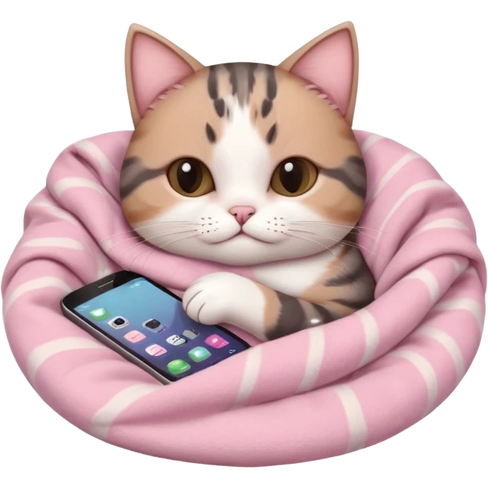 a cozy scene with a cute round-faced cat with brown and gray ears, snuggled in a soft pink blanket, holding a phone with a fishbone design, soft pink background, cat looks relaxed and comfortable, warm and inviting vibe emoji