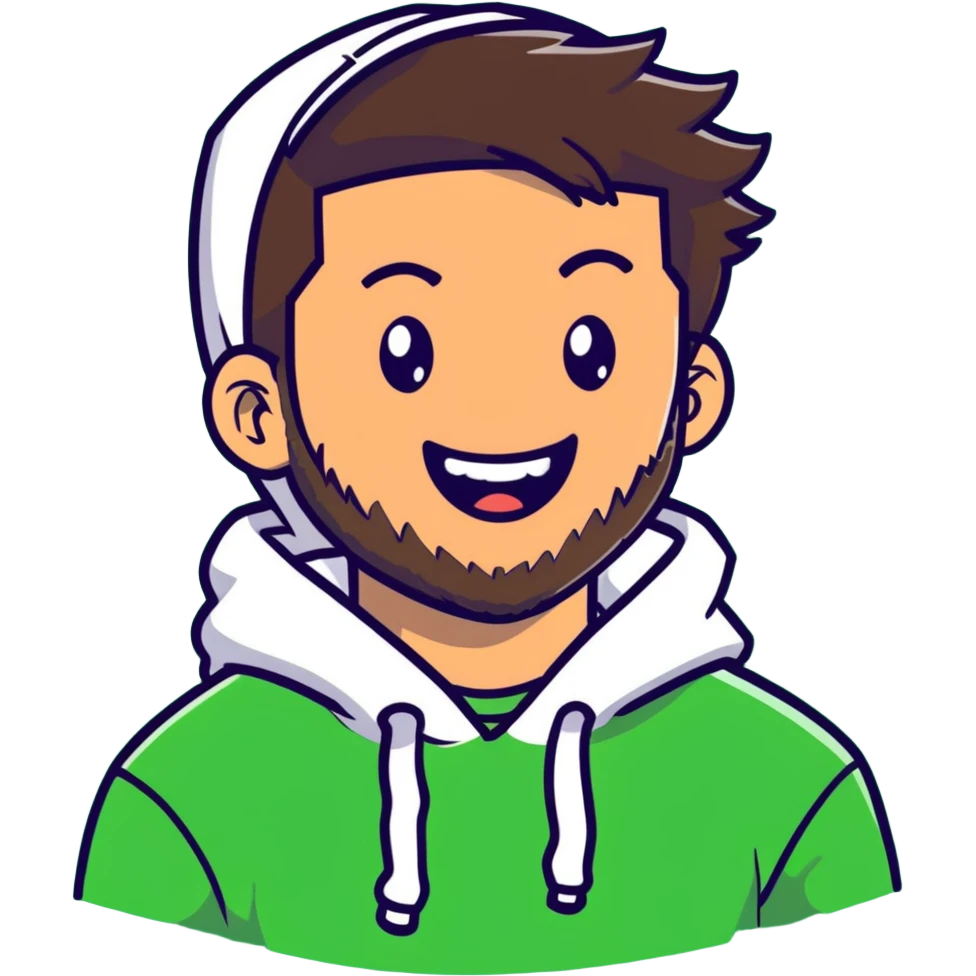 laughing guy with white hoodie, green t-shirt underneath, green eyes, dark brown undercut hairstyle and a short full beard emoji