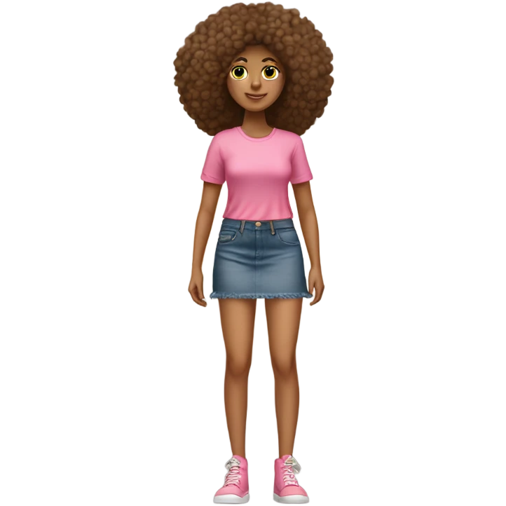 Tan girl with Afro and pink button top and jean skirt full body emoji