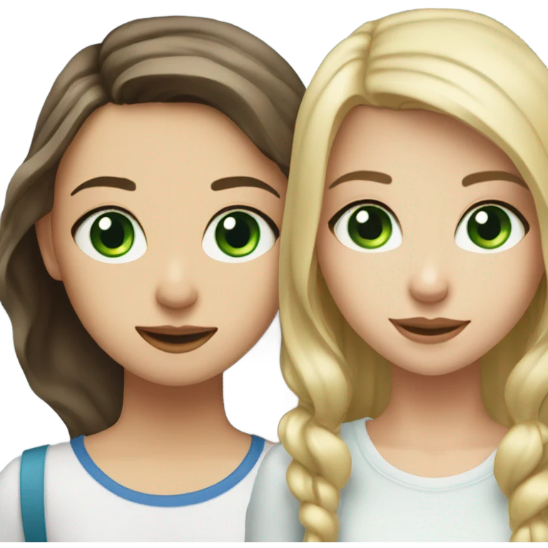 A brunette girl with green eyes making en cute picture with a blond girl with blue eyes and braces emoji