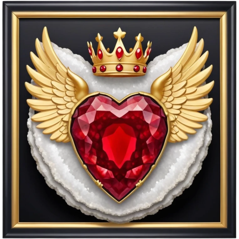 Big onyx geode with red rubby dots inside award-in-frame-decorated-with-big-golden-angel--wings and crown emoji