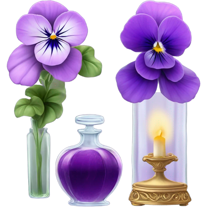 A pink aesthetic still-life: a decorative candle in a glass jar, violet pansies in a crystal vase, and an ornate purple perfume bottle emoji