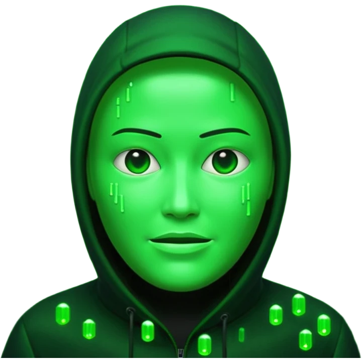 Emoji inspired by The Matrix film, glowing green terminal code forming a face, digital rain backdrop, hacker cyberpunk aesthetic, high contrast black and green, cinematic sci-fi lighting, ultra-sharp 3D. emoji