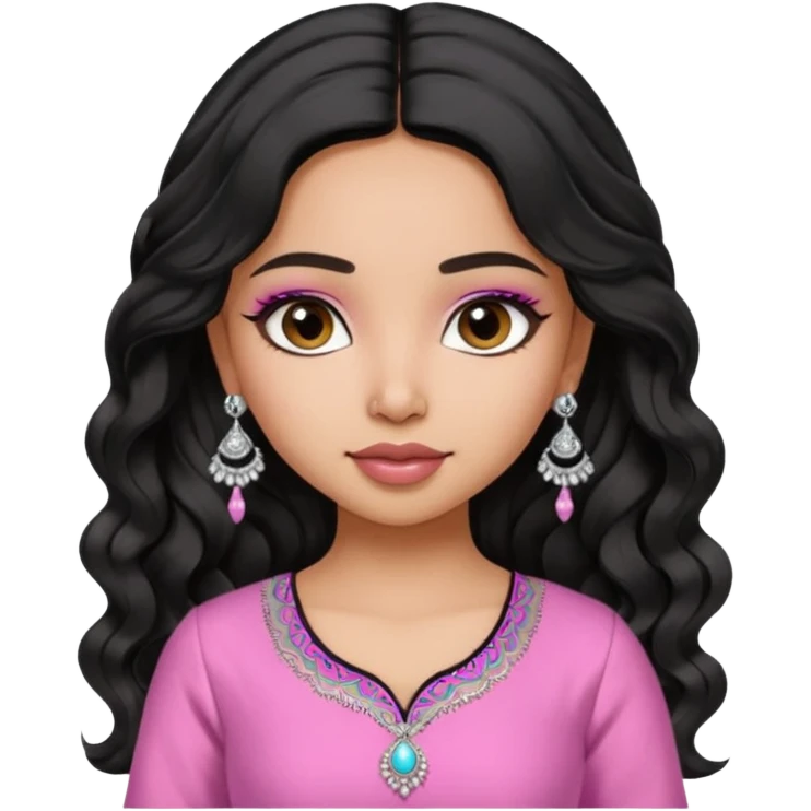 a pretty bratz fair indian girl wearing a pink kurti,  Silver jhumkas, black wavy hair emoji