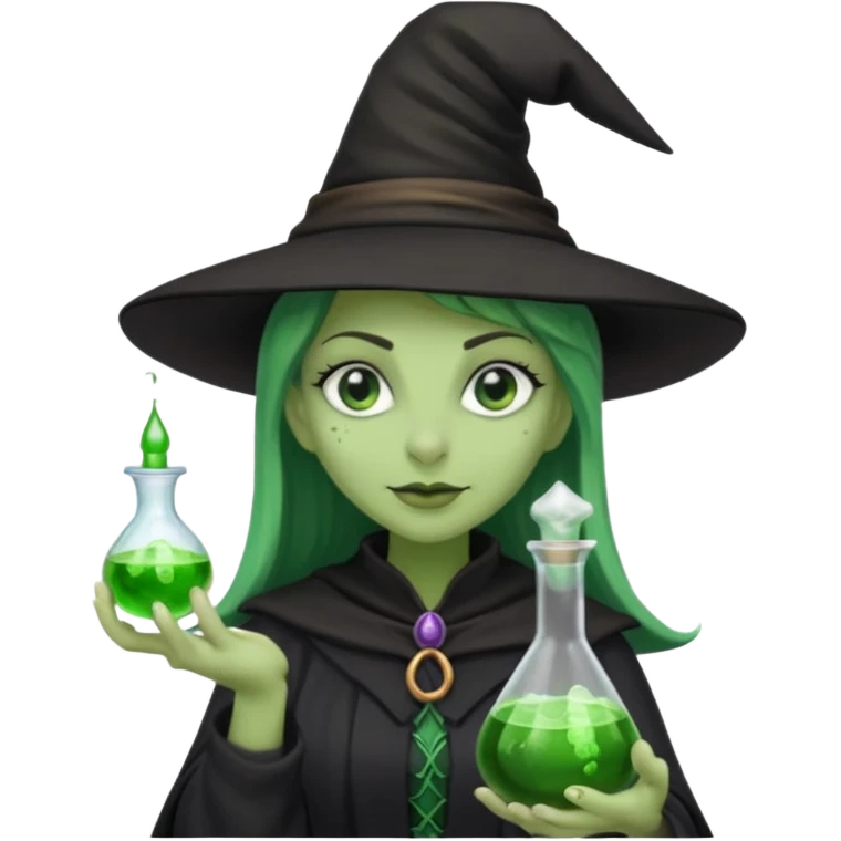 Witch with Green Skin – long-nosed witch in black hat holding potion emoji