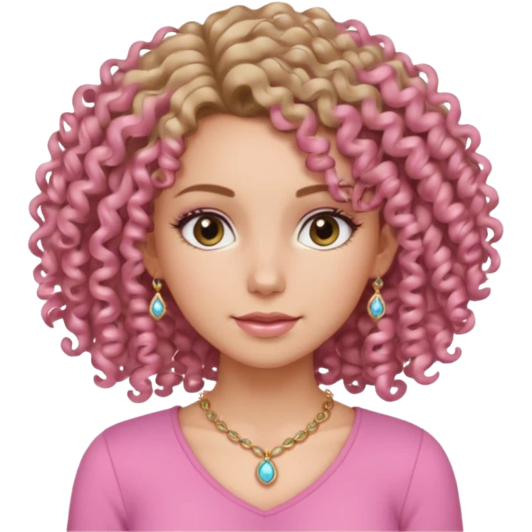 a girl with a tight pink shirt and curly hair with a little make up and pale ish tan skin with jewelry  emoji