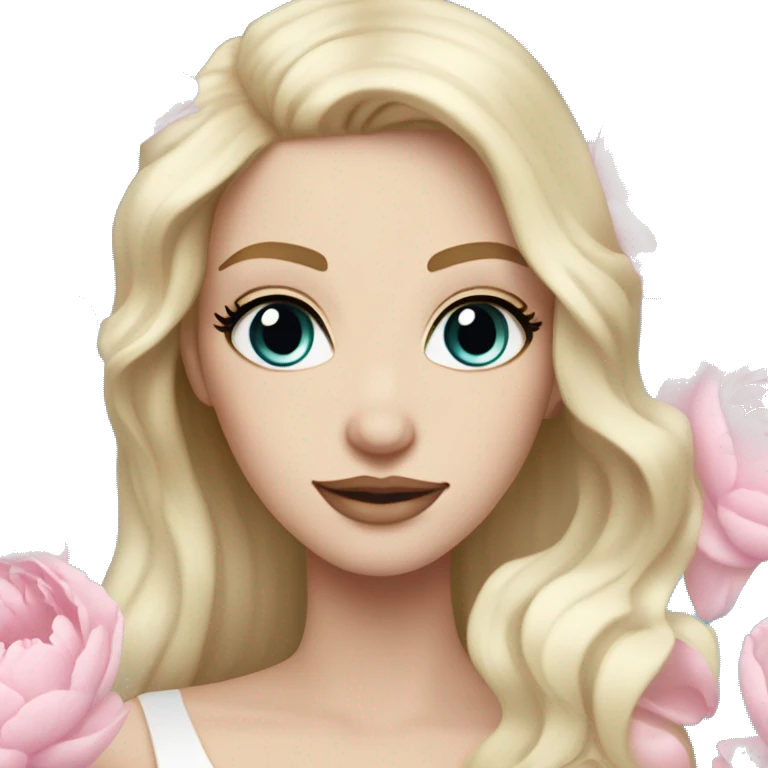 White bride with long light blonde hair and blue eyes with light pink peonies in hair white skin  emoji