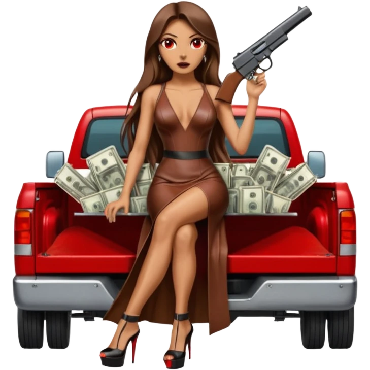 Lilith symbol red eye seductress evil long brown haired sexy succubus woman with leather long dress with slit, sitting in Big Large F350 pickup truck. Black Platform high heels on feet. Back of truck full of stacks of cash, sitting behind her is  a human skull with a gun in other hand emoji