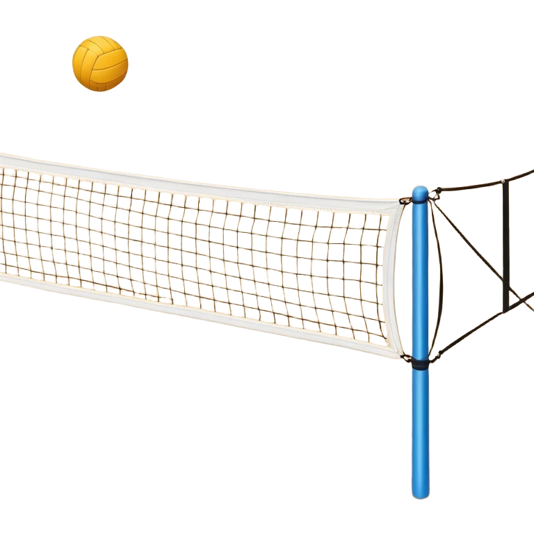 A close-up volleyball net with a ball hovering above it, set against the backdrop of a sandy volleyball court. The scene highlights the tension of an impending play, with the court lines clearly visible and a bright, sunny atmosphere surrounding the action. emoji