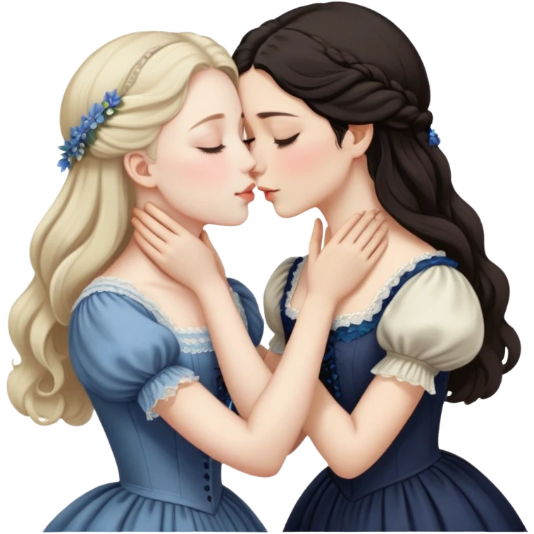 Two Victorian women sharing a gentle kiss, eyes closed, one with dark hair and one with light hair, both wearing modest dark Victorian dresses emoji