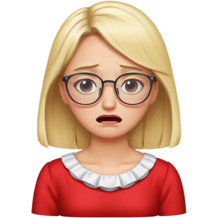 lomg blond woman  crying with glasses with red party wear dress emoji