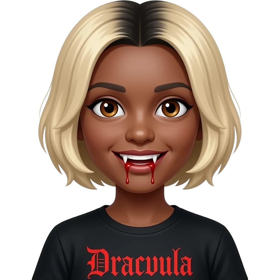 women blond medium short hair face looking to the side with black roots, black skin, brown eyes, black tee shirt red writing,  dracula teeth with blood on the fangs emoji