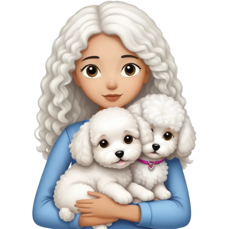 A girl with long straight black hair hugs a white curly-haired Bichon Frise puppy emoji