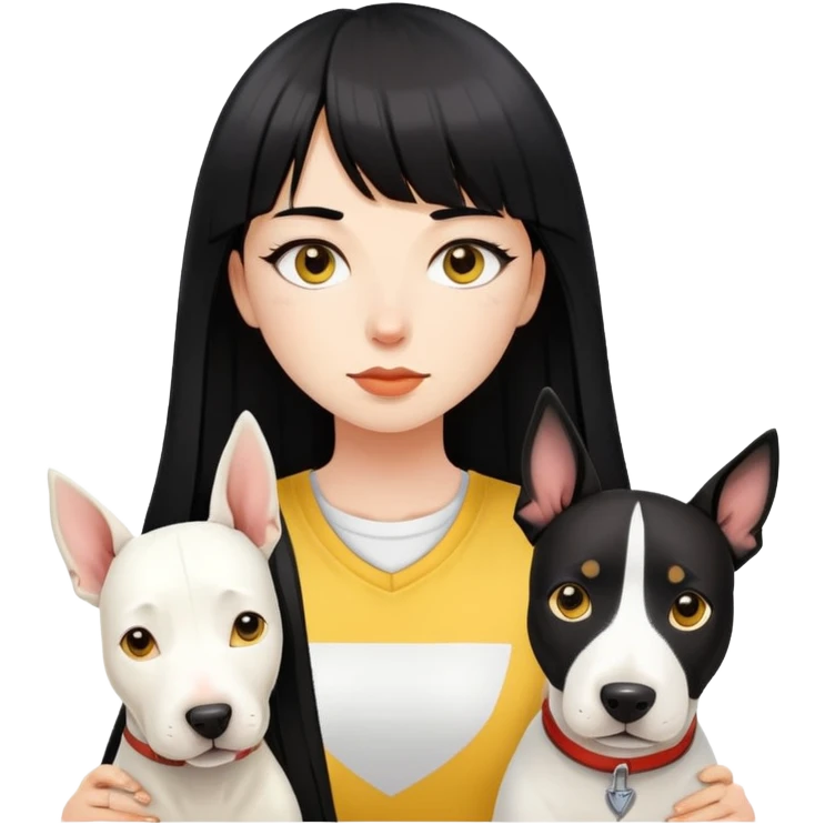 girl with long black  straight bangs hair and a Springer dog  and yellow bull terrier emoji