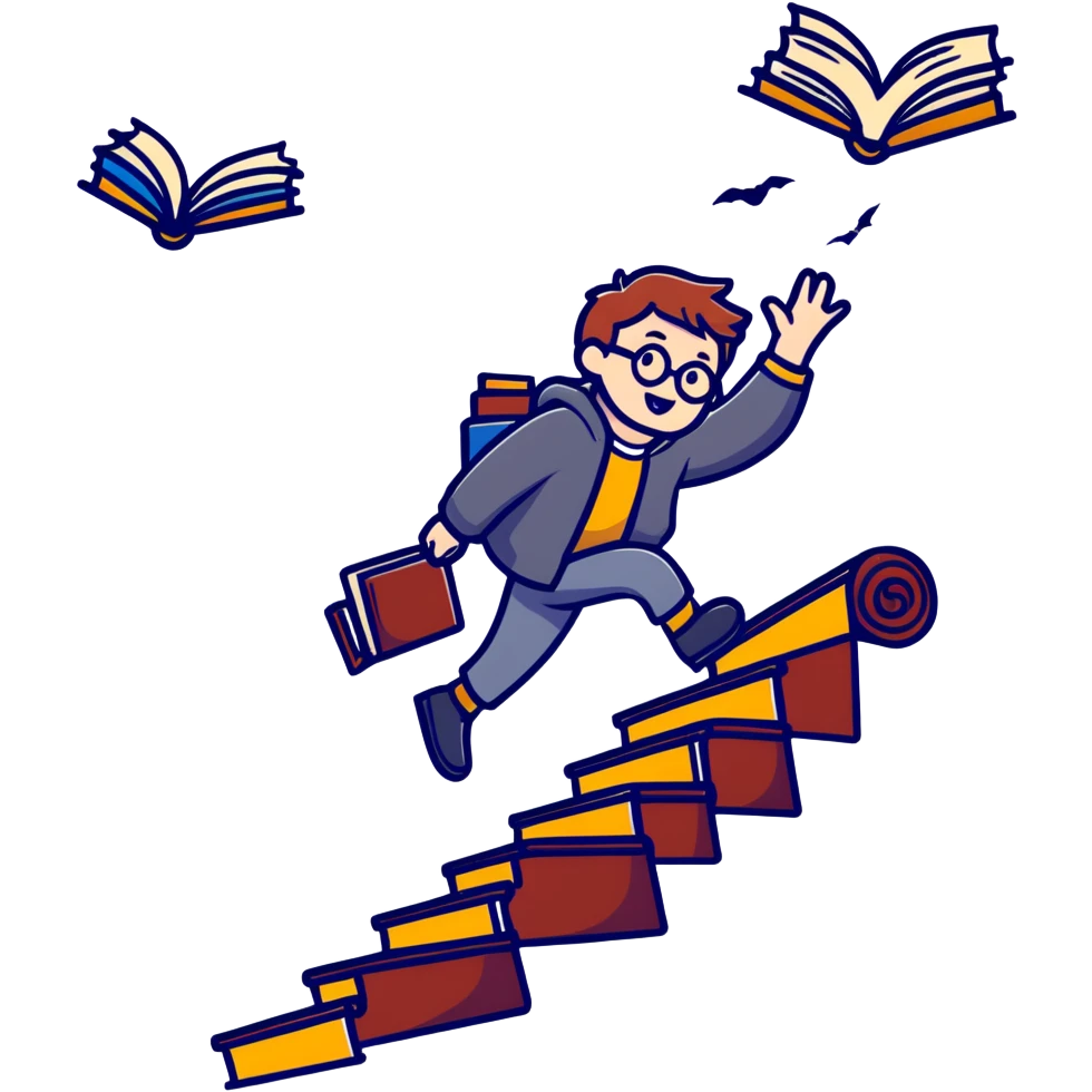 Hogwarts student falling down stairs with books flying emoji
