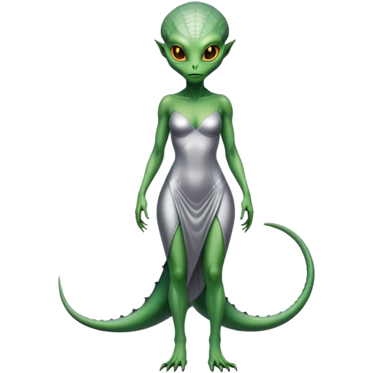 Green Alien reptilian woman without a tail, in silver dress, full figure, yellow eyes emoji