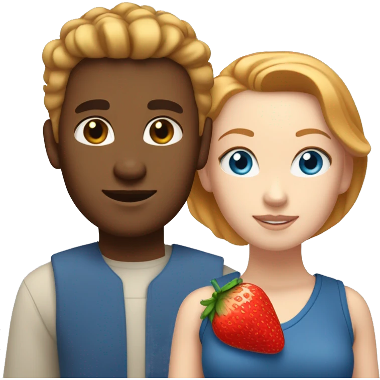 White woman with blue eyes and strawberry blonde hair standing next to a tan man with blue eyes and brown hair in bun. emoji
