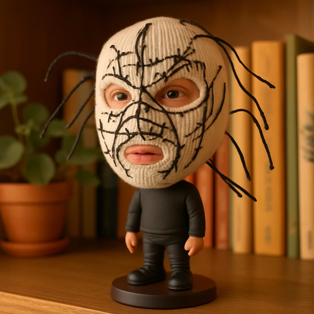 The mask is a full-head, white knitted balaclava with a tight ribbed texture. It features two asymmetrical eye openings and a partially exposed mouth area. Black thread is stitched across the surface in chaotic, abstract lines that trace facial features, giving a hand-drawn effect. Several black cords extend outward from the mask, varying in length and direction, adding a sculptural, almost organic appearance. The overall look is bold, handcrafted, and visually striking. emoji