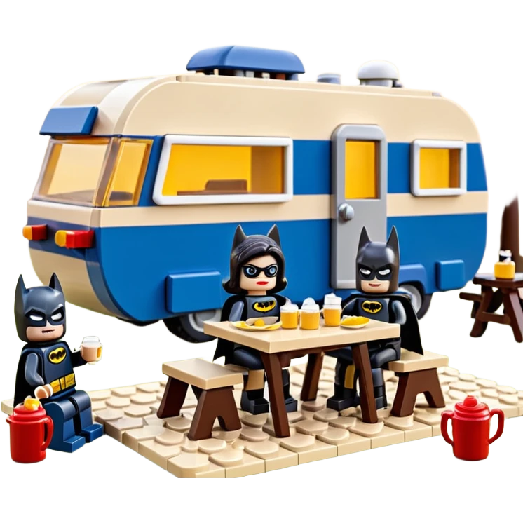  Ultra cute futuristic Lego detailed Batman and pretty Catwoman dream house Caravan with picnic table and folding chairs alone at romantic afternoon (hot chocolate and cheeseburgers on the grill) emoji