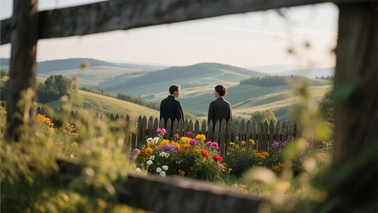 "Two shot" in the foreground, blurred plants in the foreground (frame within a frame), a wooden fence and colorfull flowers in the midground, Poland, rolling hills in the background, cinematic depth of field, layered composition, natural lighting emoji