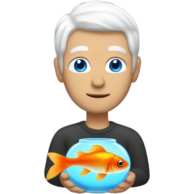 Man with white hair and blue eyes holding a goldfish emoji