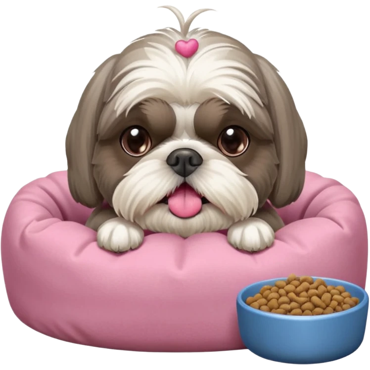 old ALL grey shih tzu in pink dog bed tongue hanging out near bowl of food emoji
