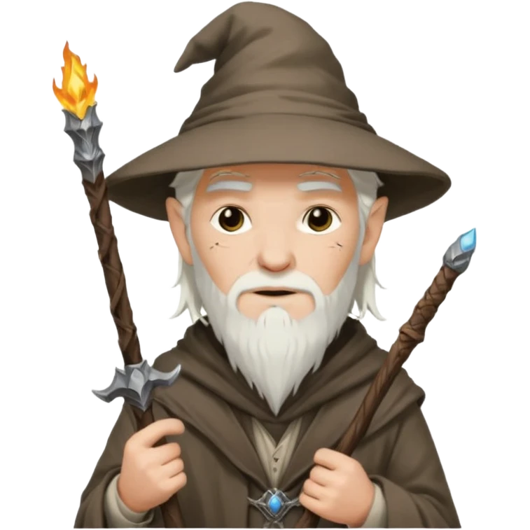 A punk guy with white hair, wearing a hat, holding a Gandalf staff and an AK-47 emoji