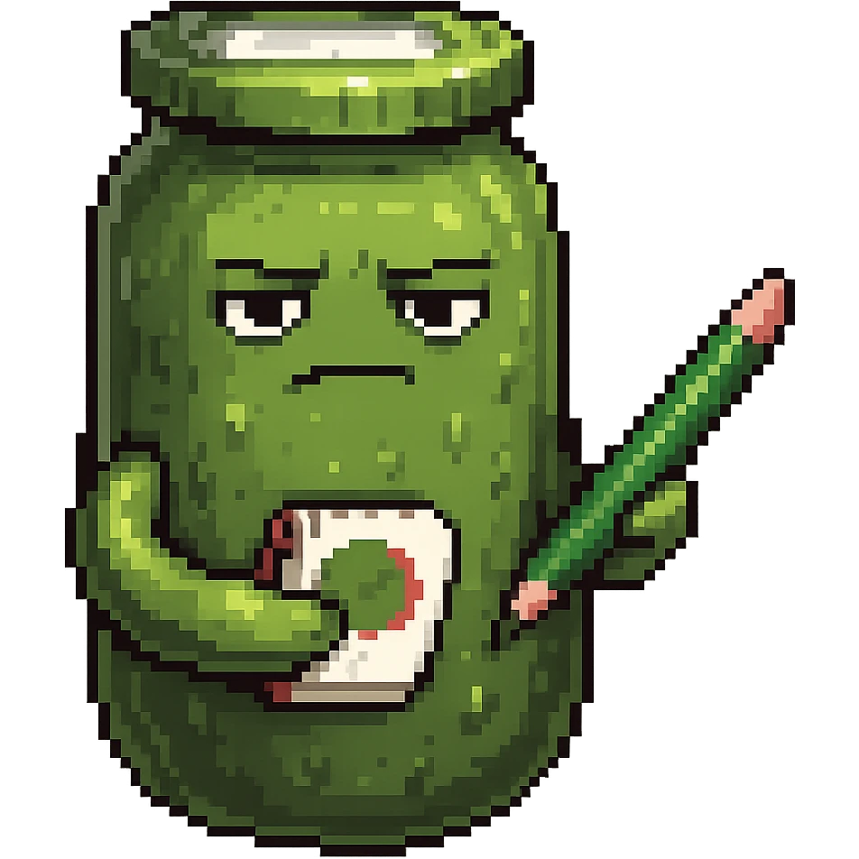 Make the pickle look suspicious while writing in a notepad, in pixel art style, with no background. emoji